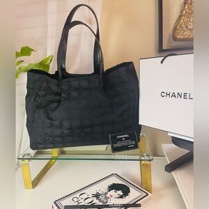 CHANEL Travel Line Tote MM Tote Bag Black Nylon JacquardLeather Women